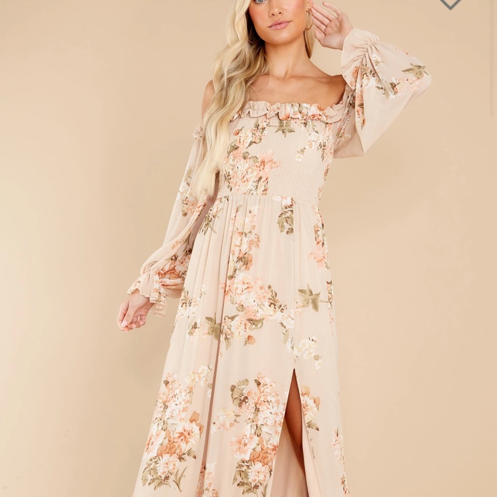 Just Astonished Beige Floral Print Maxi Dress